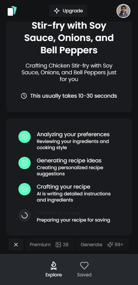 SwipeSpice App Interface - Recipe Generation